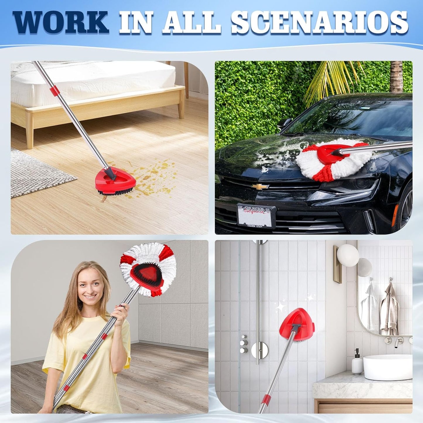 4 Packs Spin Mop Replacement Heads Compatible with Oceda RinseClean 2-Tank System, 30-58" Mop Handle,Mop Scrub Brush and Base Combo Set,Mopping Refills Easy to Replace and Cleaning