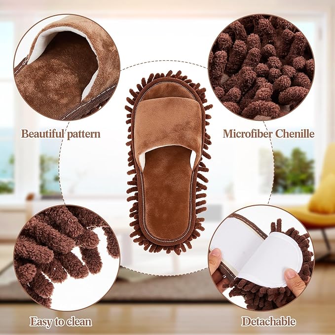 Jecery 4 Pair Washable Microfiber Mop Slippers Detachable Dusting Shoes for Floor Cleaning, Office & Home Use Suitable for Women & Men(Brown, Beige,L Size)