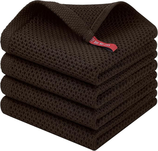 Homaxy 100% Cotton Waffle Weave Kitchen Dish Cloths, 4-Pack Ultra Soft Absorbent Dish Towels, Quick Drying Dish Rags, 12 x 12 Inches, Dark Brown