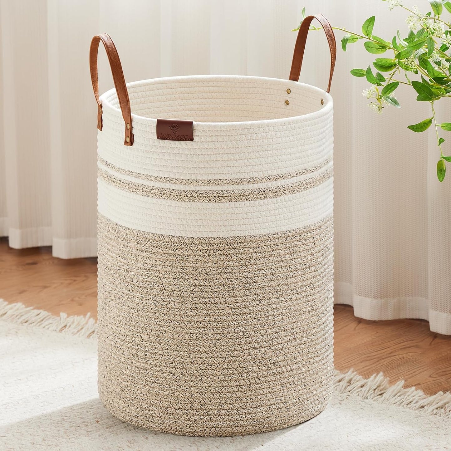 VIPOSCO Tall Laundry Basket, Large Dirty Clothes Hamper with Leather Handle, Woven Rope Storage Basket for Blanket, Toy In Living Room, Bathroom, Bedroom - 100L Brown & White