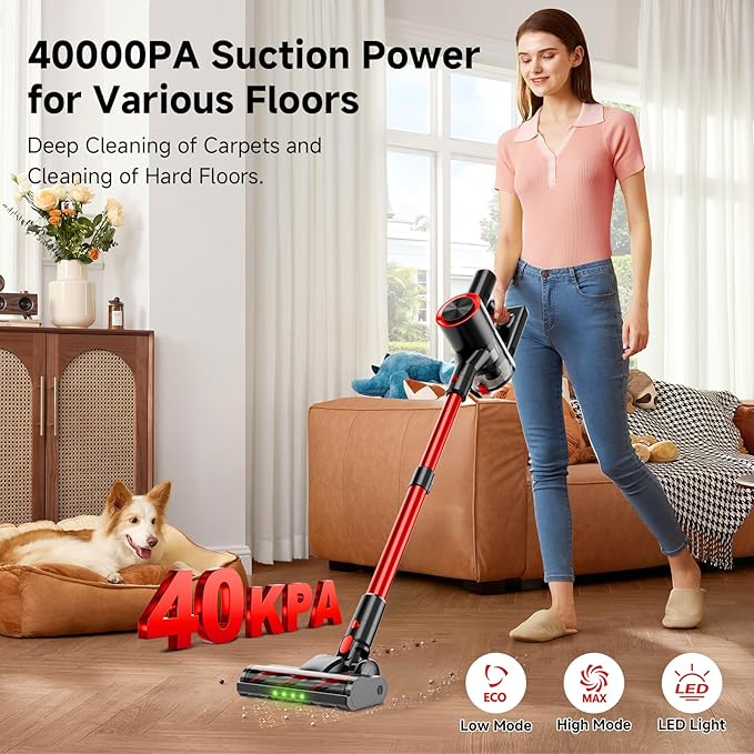 Cordless Stick Vacuum Cleaner, 40Kpa Powerful Suction Vacuum Cleaner with LED Headlight, Detachable Battery, 8-in-1 Lightweight Handheld Vacuums for Pet Hair Carpet and Hardwood Floor, Red