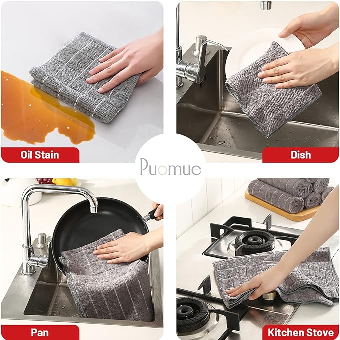 Microfiber Kitchen Towels and Dishcloths Set, 26 X 18 Inch and 12 X 12 Inch, Set of 12 Bulk Lint Free Dish Towels for Drying Dishes, Grey