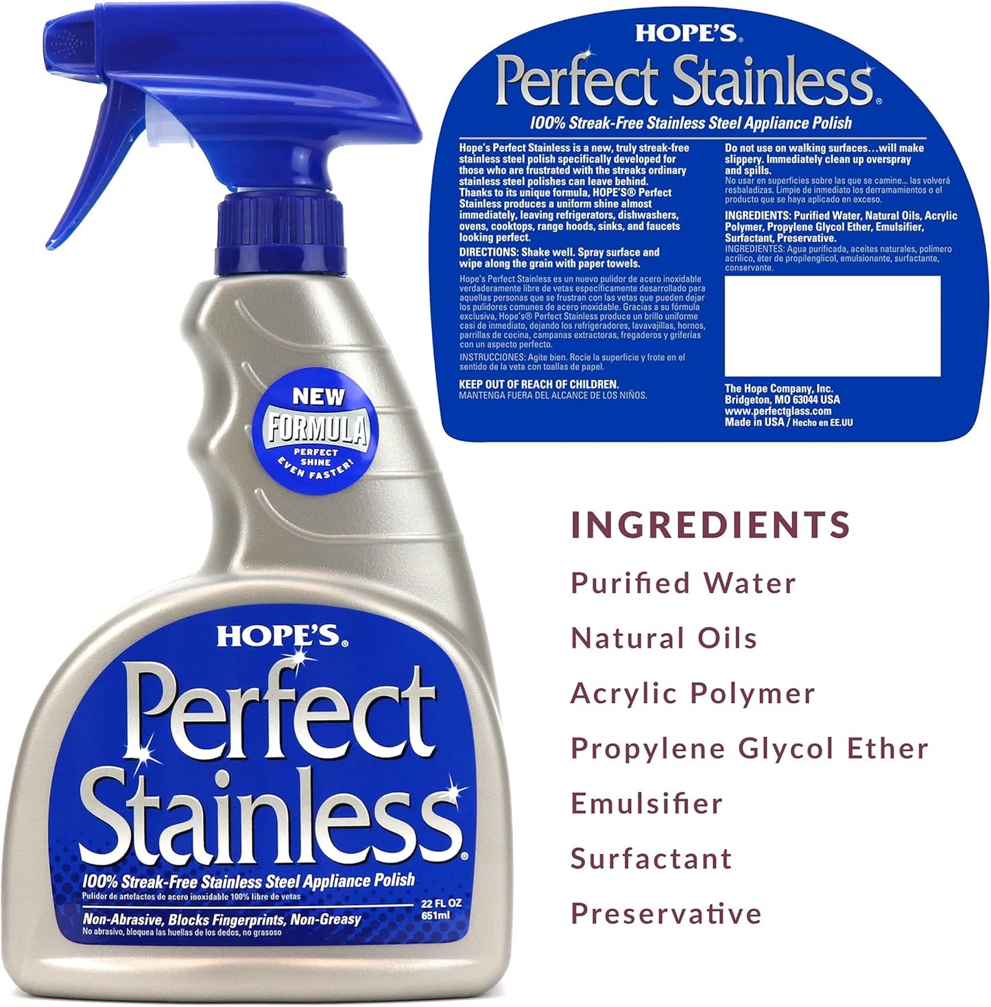 HOPE'S Perfect Stainless Steel Cleaner 22-Ounce, Streak-Free Self-Polishing Formula, Blocks Fingerprints, Pack of 4, 22 Ounce