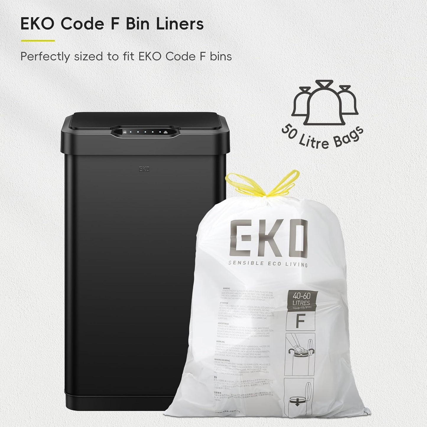 EKO Mirage-T 50 Liter / 13.2 Gallon Touchless Rectangular Motion Sensor Trash Can, Brushed Stainless Steel Finish (Matte Black)