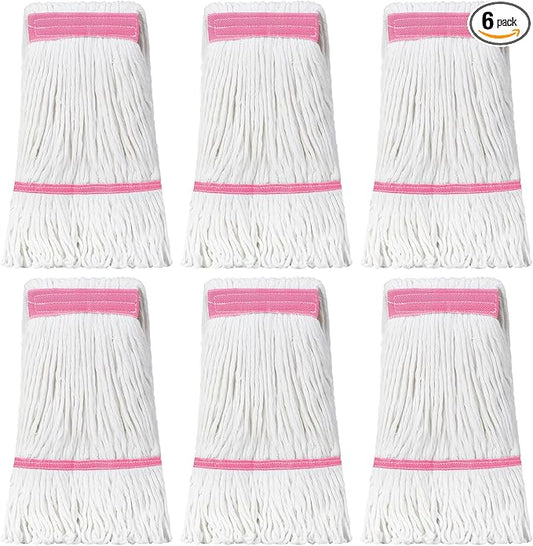 Eccliy 6 Pack Heavy Loop End Cotton String Mop Head Heavy Duty Mop Head Commercial Refills Replacement Bulk for Home Industrial Commercial Floor Cleaning (White,Pink)