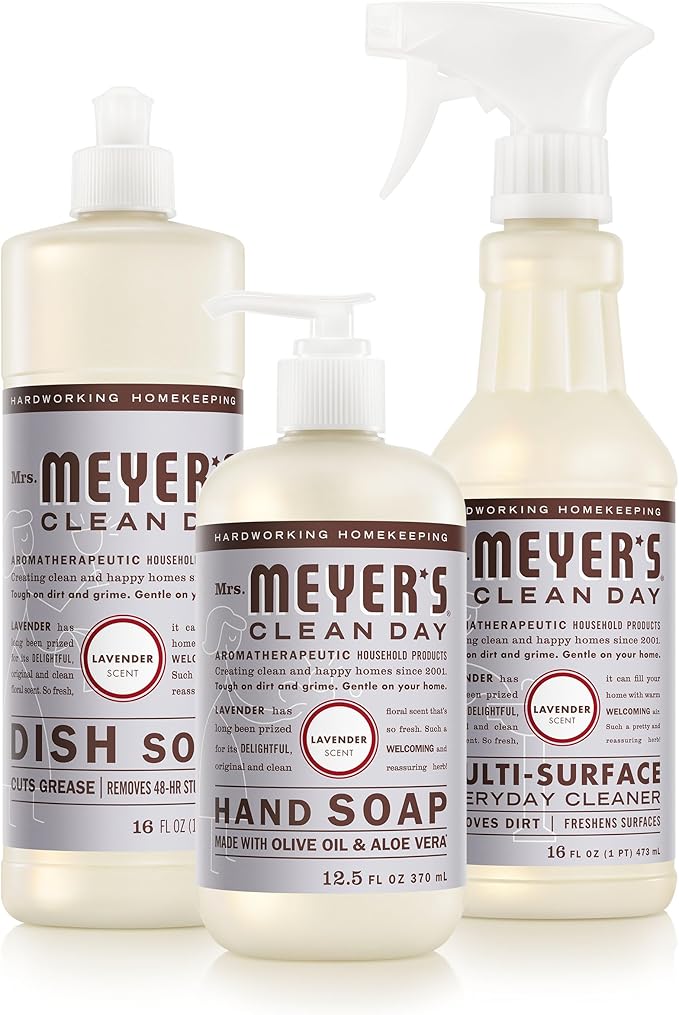 Mrs. MEYER'S CLEAN DAY Kitchen Basics Set, Lavender Scent Cleaning Supplies includes Hand Soap (12.5 Fl Oz), Dish Soap (16 Fl Oz) and Multi-Surface Cleaner (16 Fl Oz)