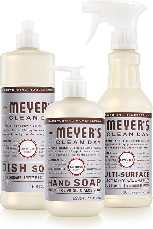 Mrs. MEYER'S CLEAN DAY Kitchen Basics Set, Lavender Scent Cleaning Supplies includes Hand Soap (12.5 Fl Oz), Dish Soap (16 Fl Oz) and Multi-Surface Cleaner (16 Fl Oz)