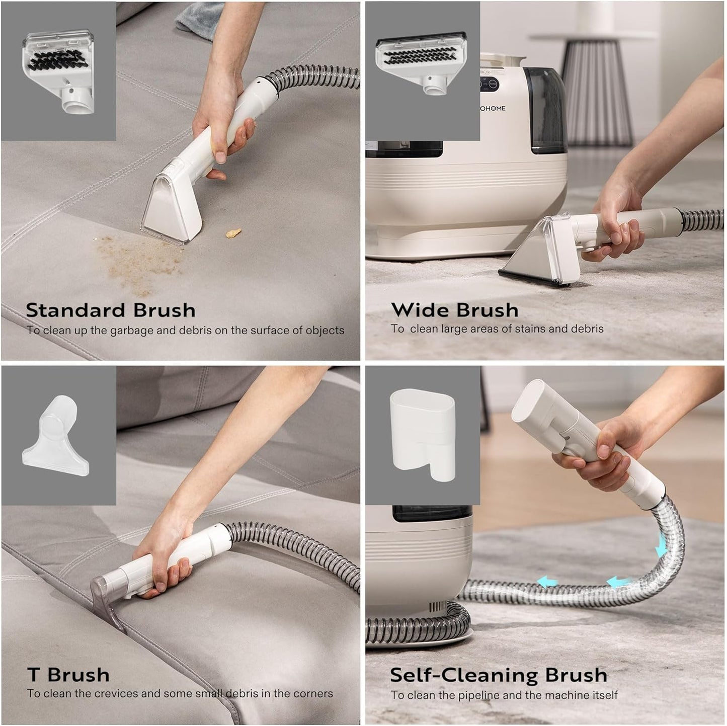 VIVOHOME Portable Multipurpose Carpet Cleaner Machine, 15s Fast Heating Spot Cleaner for Upholstery, 4 Detachable Brush Heads for Pets, Couch, Car Seats, Self-Cleaning, 14Kpa Strong Suction