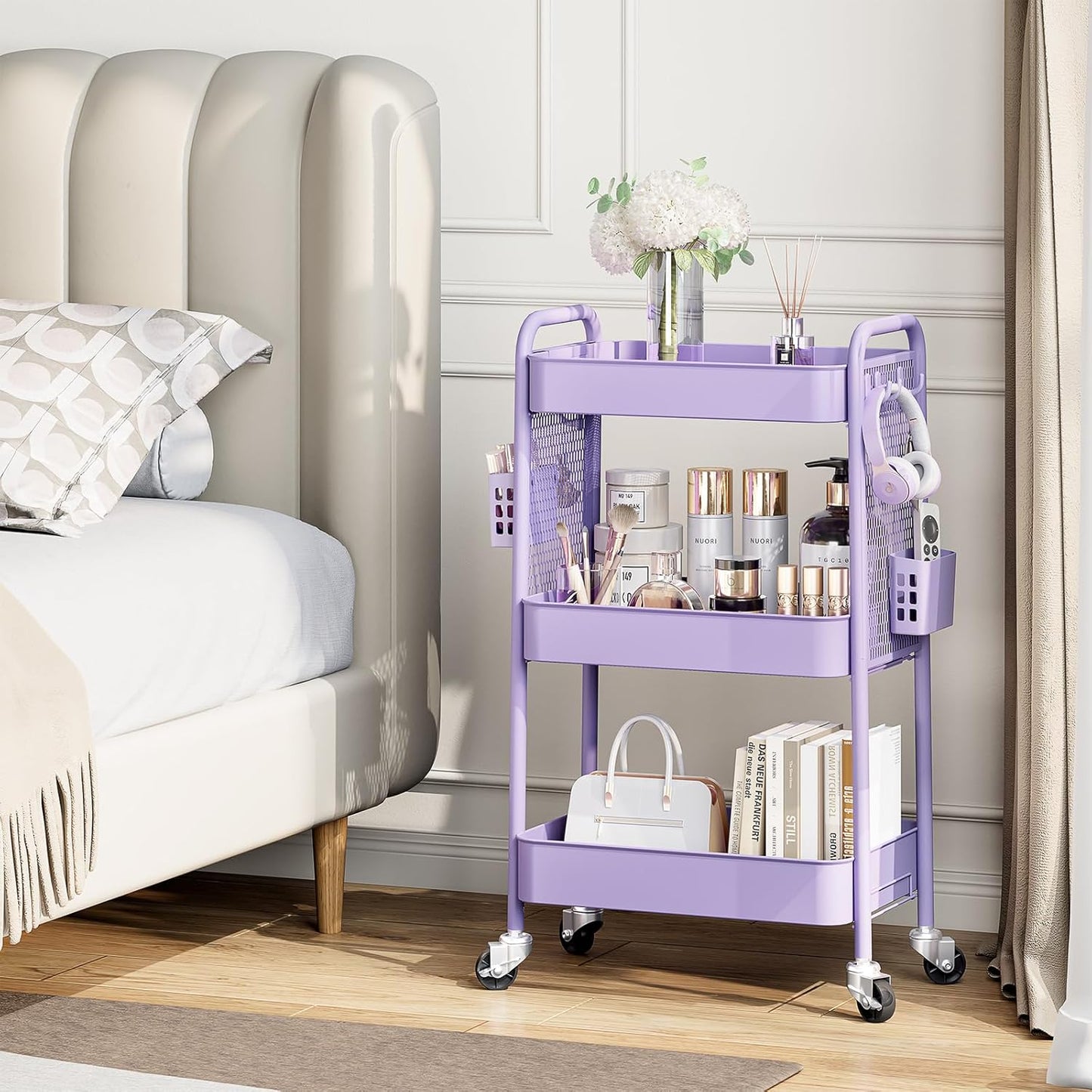 TOOLF 3 Tier Rolling Cart Storage Organizer, Metal Rolling Utility Cart with Wheels, Hooks & Bins Esthetician Craft Art Sturdy Storage with Pegboard for Bathroom, Kitchen, Office, Nursery Diaper