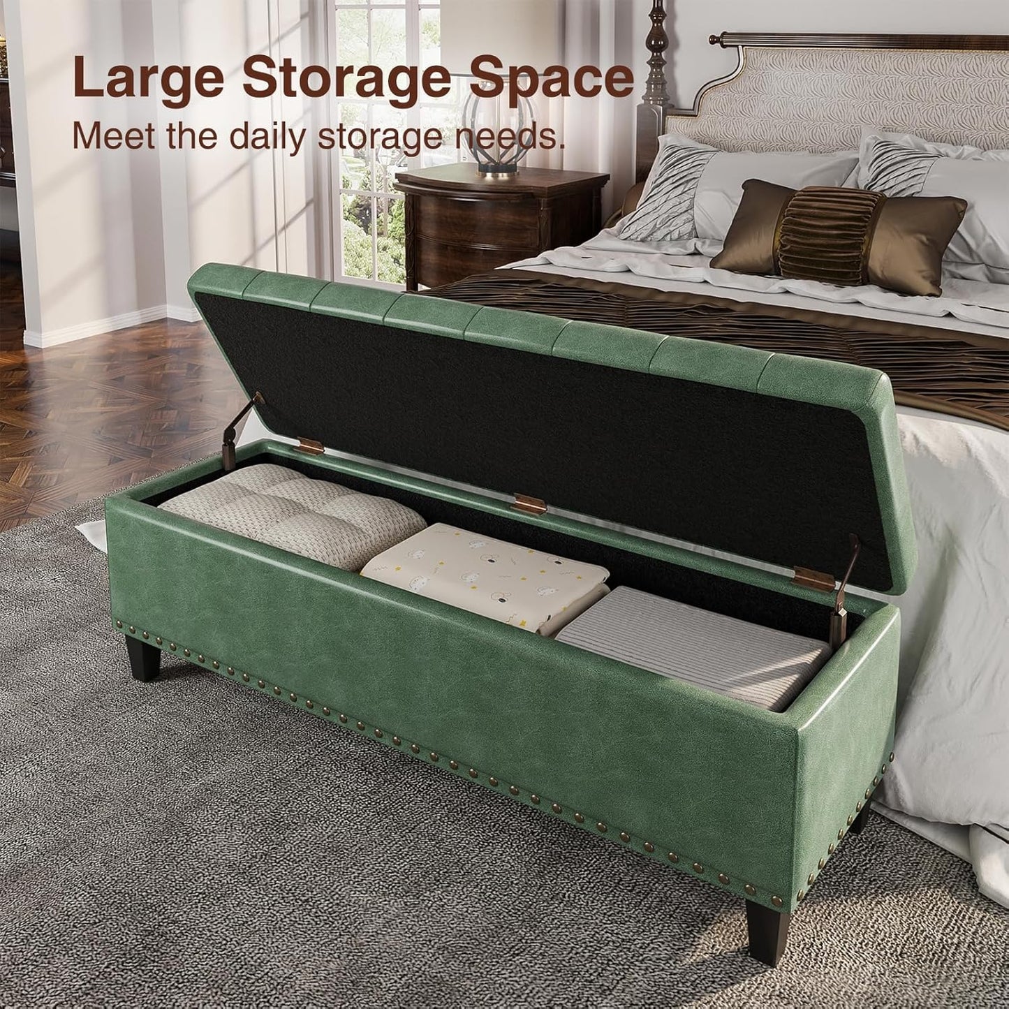 Storage Ottoman Bench, 51-Inch Large Storage Bench for Bedroom End of Bed, 30 Gallons Faux Leather Bench for Bedroom, Living Room, Entryway, Hallway, Green