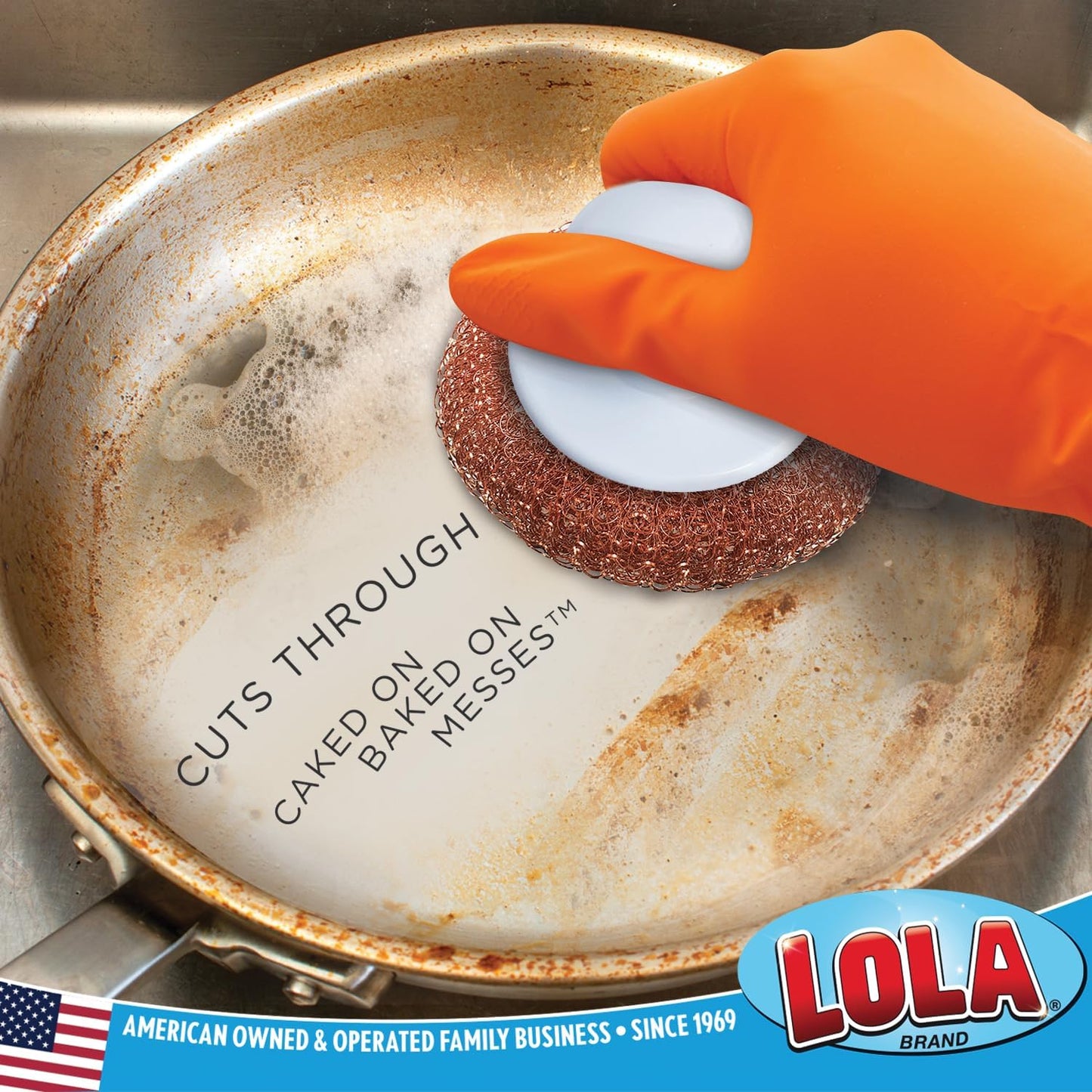 LOLA Copper Mesh Scouring Pad w/Comfort Knob, 6 Pack, Heavy Duty Cleaning Pads, Knitted Wire Mesh, Cleans Caked-On & Baked-On Messes