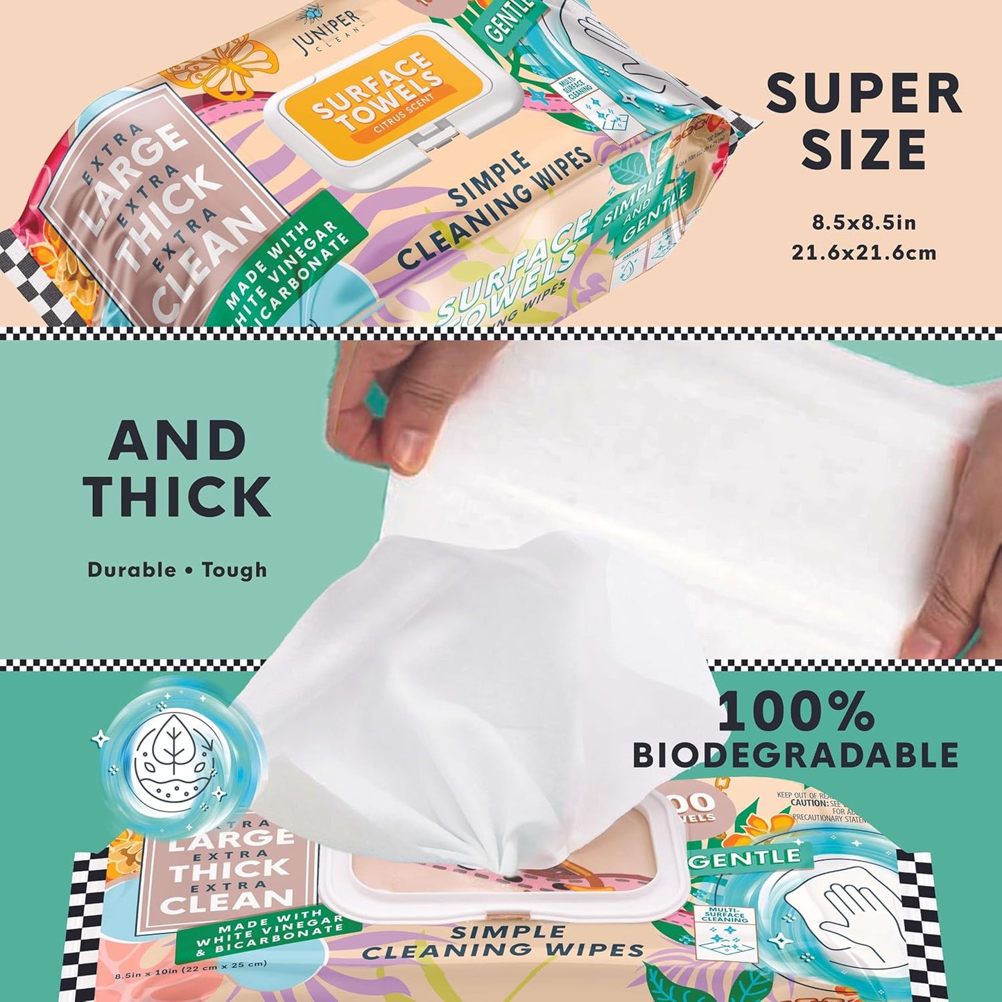 3 Packs Surface Cleaning Wipes Bleach Free, Thick & Large Dispose, All-Purpose Cleaner for Bathroom, Kitchen, Office, 300 Count Soft Flow, Biodegradable, Citrus Scent