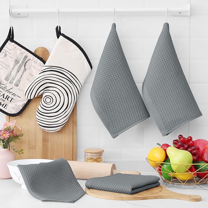 Homaxy 100% Cotton Waffle Weave Kitchen Dish Cloths, 4-Pack Ultra Soft Absorbent Dish Towels, Quick Drying Dish Rags, 12 x 12 Inches, Grey