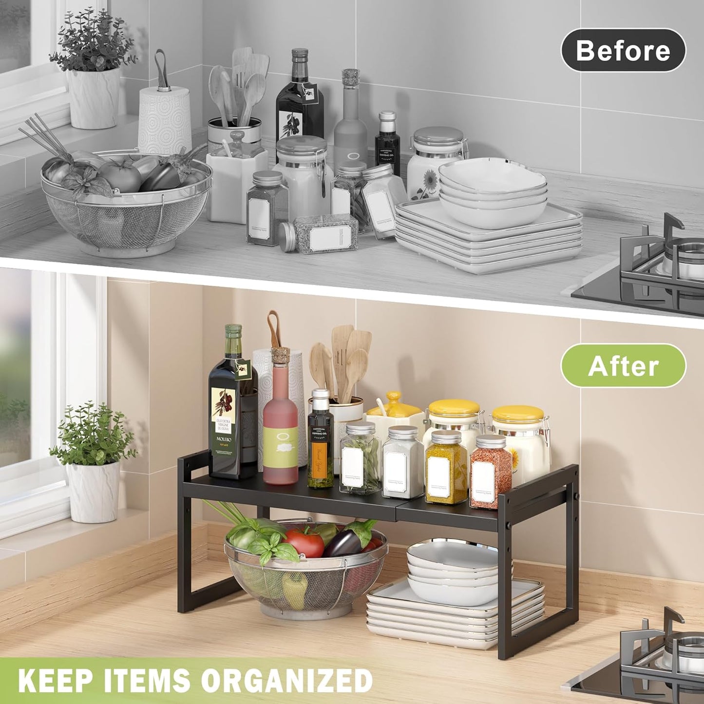 DOLALIKE Expandable kitchen Countertop Organizer, Stackable Cabinet Shelf Organizers, Space Saving Spice Rack Pantry Storage for Bathroom Office (Black, 1 Pack)