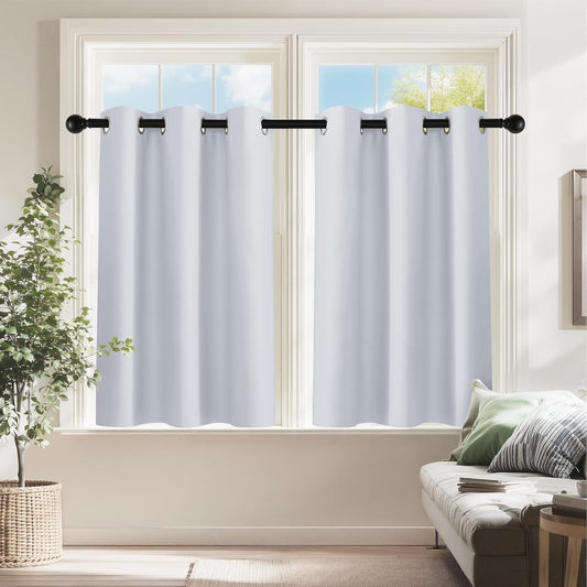 PONY DANCE White Kitchen Curtains 24 Inch Length, Room Darkening Panels Rod Pocket Privacy Drapes for RV Basement/Small Windows/Cafe, 2 Panels(2 Panels, W 29 x L 24 inches, Greyish White)