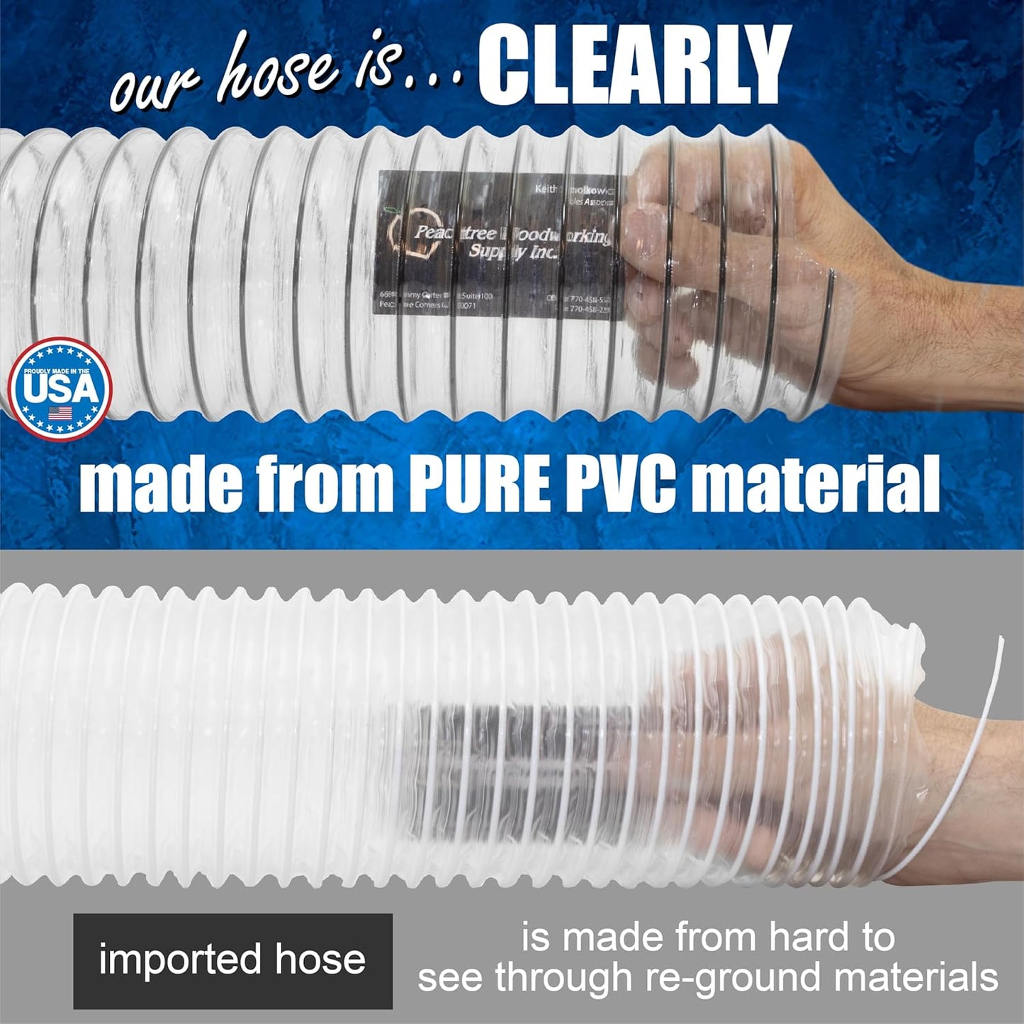 PVC Dust Collection Hose w/4 Thumbscrew Clamps, Puncture Resistant, Carbon Steel Wire, Clear Flexible PVC Dust Collector Hose, Proudly Made in USA (5" x 10')