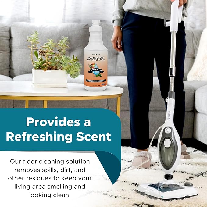 Steam & Go Demineralized Water for Steam Cleaner - PVC-Free Floor Cleaning Solution Compatible for All Steam Mops - Multi-Surface Cleaner for Home Surfaces - Tropical Bloom Scent, 32 oz (Pack of 12)