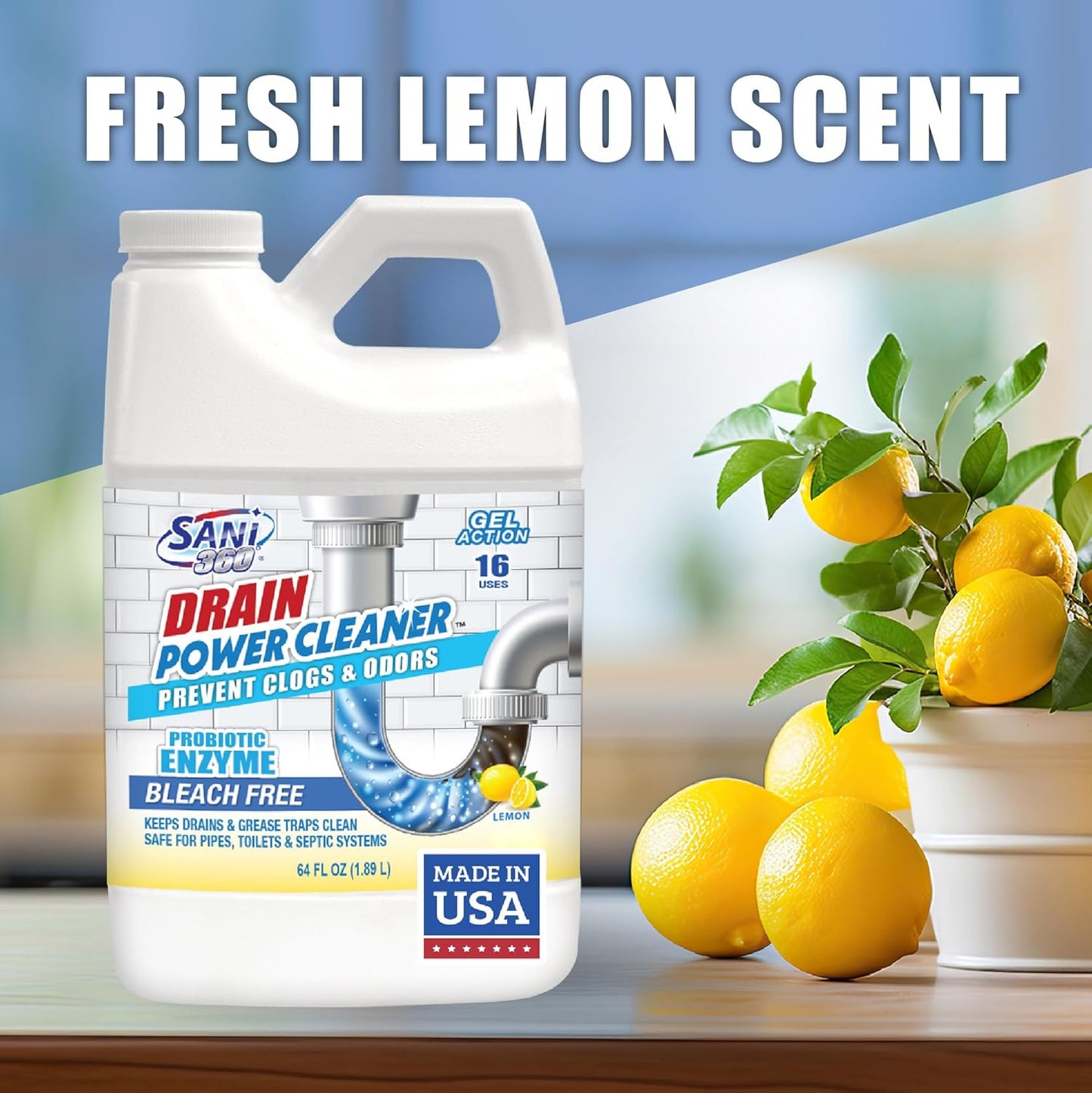 SANI 360° Drain Power Cleaner, Enzyme Gel Formula, Deodorizer, Stops Clogs, Odor, Grease, Soap Scum, Save Money on Plumbing, Safe for Pipes and Septic, Made in the USA, 16 Uses, Lemon Scent