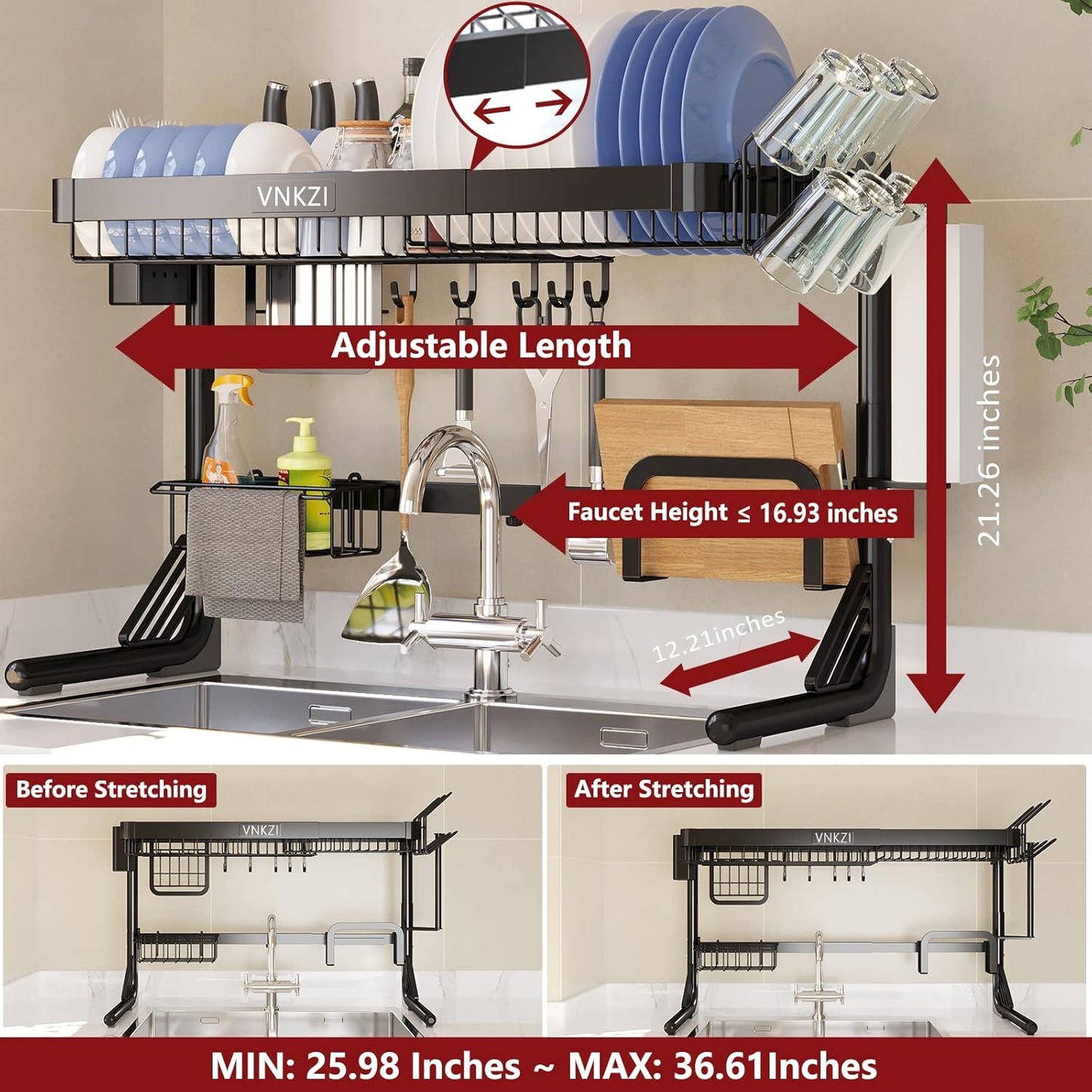 VNKZI Over Sink Dish Drying Rack, 2 Tier Stainless Steel Storage Adjustable Length (25.98'' to 36.61'') Kitchen Rack, Multifunctional Expandable Counter Organizer, Space Saver Dish Rack