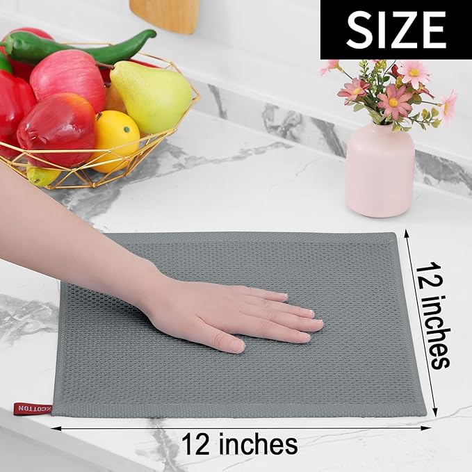 Homaxy 100% Cotton Waffle Weave Kitchen Dish Cloths, 4-Pack Ultra Soft Absorbent Dish Towels, Quick Drying Dish Rags, 12 x 12 Inches, Grey