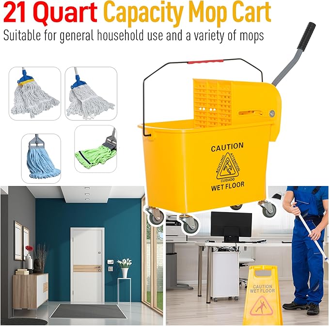 HOMCOM Compact Mop Bucket with Wringer on Wheels for Floor Cleaning, 21 Quart, Separate Dirty and Clean Water, for Home, Apartment, Yellow