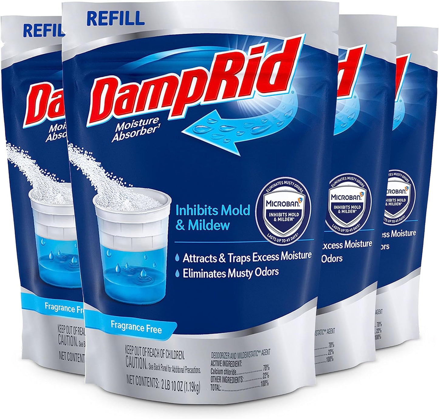 DampRid Refill Bag, 42 oz., 4-Pack - Fragrance Free Moisture Absorbers for Rooms with Excess Humidity, Long-Lasting, Inhibits Mold & Mildew