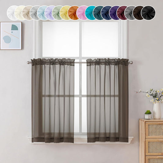 Chyhomenyc Sheer Chocolate Brown Tier Curtains 24 Inch Length, Small Window Curtains Treatment for Bathroom Living Room Basement, Short Rod Pocket Cafe Curtain, 42W x 24L Inches, 2 Panels