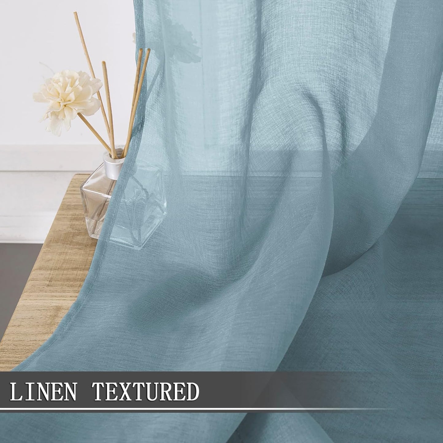 Tollpiz Sheer Curtains Linen Textured Bedroom Curtain Sheers Light Filtering Rod Pocket Voile Curtains for Living Room, 54 x 63 inches Long, Dusty Blue, Set of 2 Panels