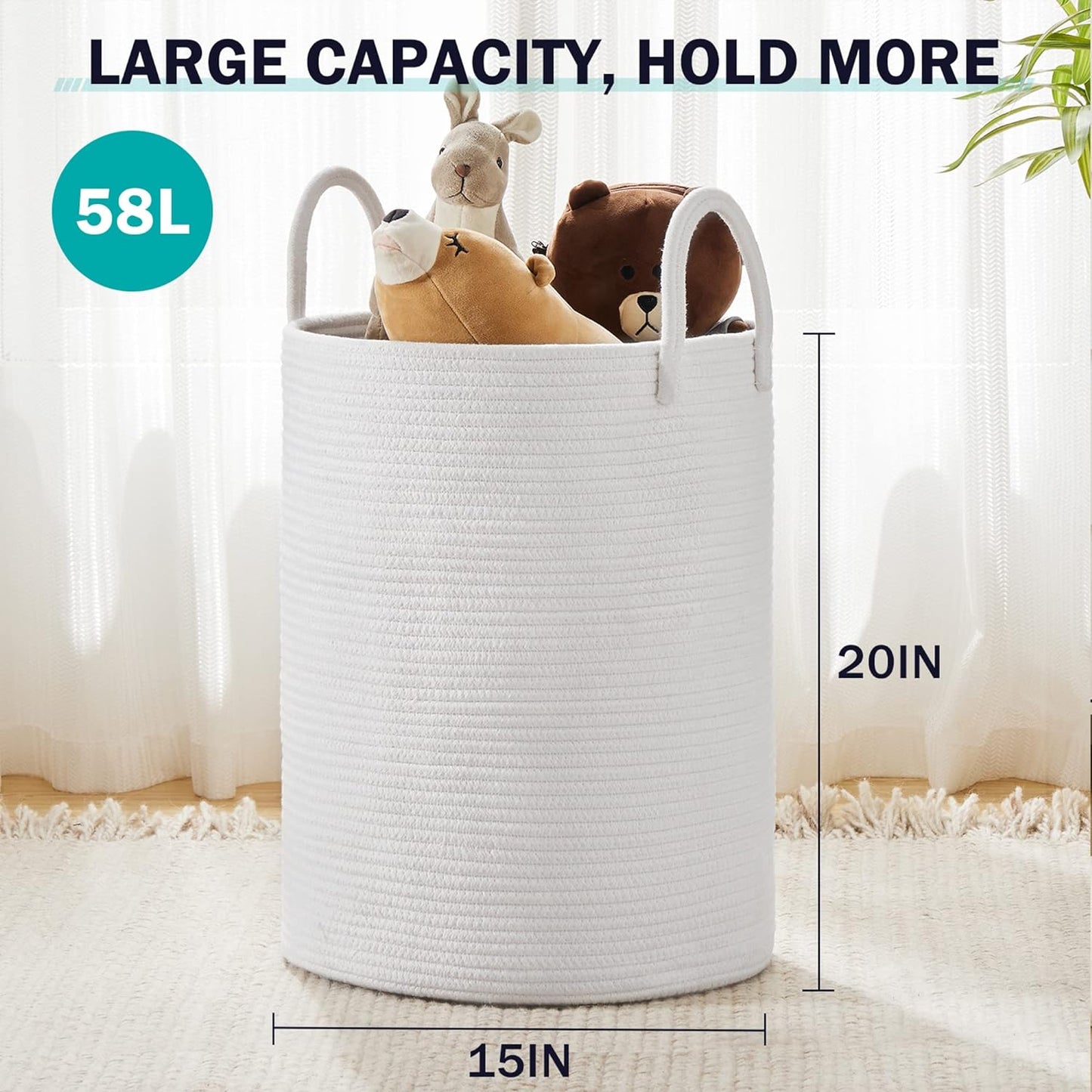 Woven Rope Laundry Hamper Basket by YOUDENOVA, 58L Tall Laundry Basket, Baby Nursery Hamper for Blanket Storage, Clothes Hamper for Laundry in Bedroom-Large-Pure White