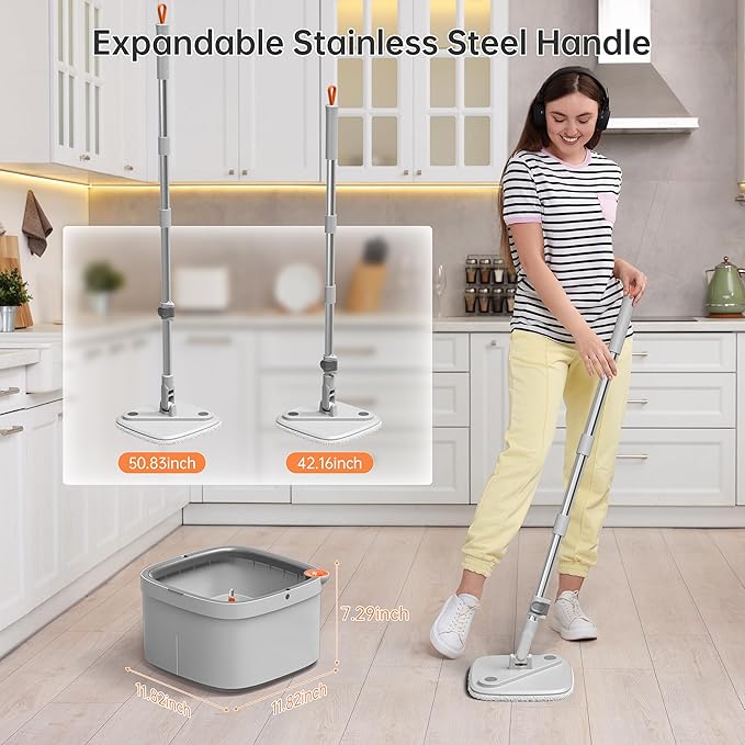 Upgraded Spin Mop and Bucket System Set, Self Separate Clean and Dirty Water, Foldable Square Standing Mop Head with Microfiber Mop Pads, Detachable Bucket (Grey, Mop Set with 6PC Pad)