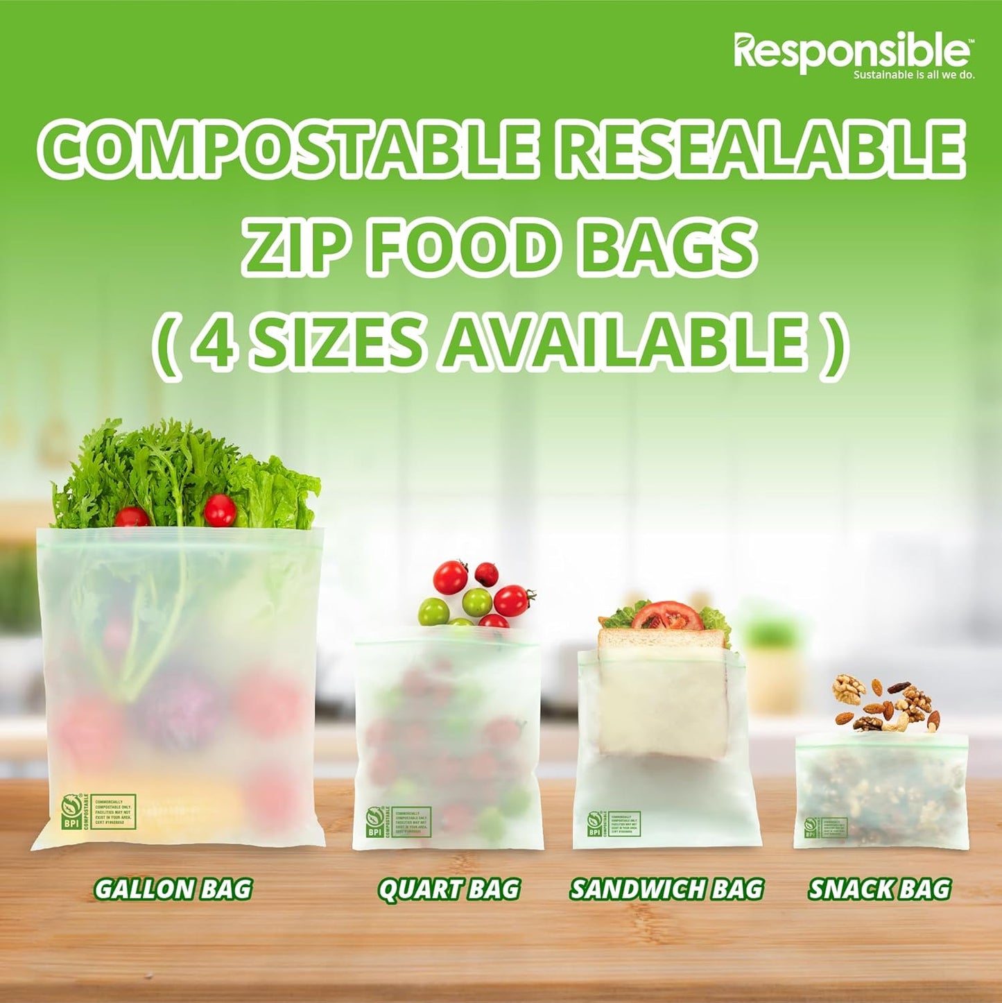 Responsible Products Certified Compostable QUART Resealable Zip Bag, Extra Strength Food Bags, Plant-Based Freezer-Safe (26 Pack)