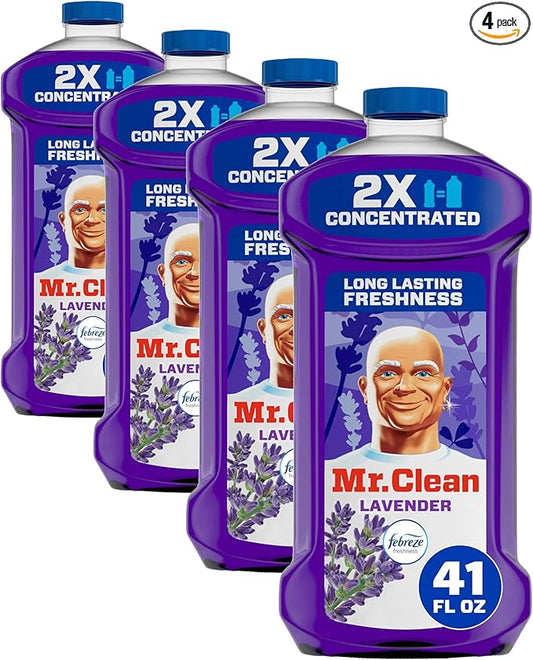 Mr. Clean All Purpose Cleaner,Floor Cleaner for Mopping Home,Bathroom,& Kitchen,Cleaning Liquid for Mop & Bucket,Cleaning Supplies,Multi-Surface Dilutable,Lavender,41oz,(Pack of 4)
