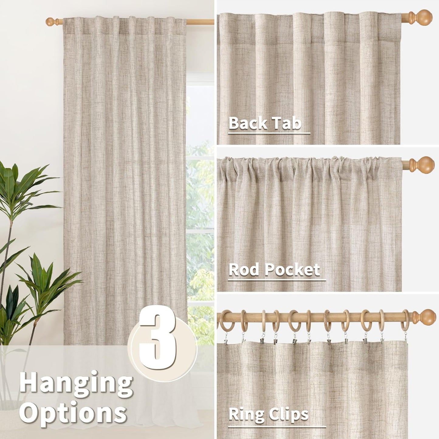 YoungsTex Natural Linen Curtains 45 Inch Length for Kitchen Bathroom Window, Burlap Semi Sheer Drapes with Rod Pocket Back Tab Light Filtering for Cafe Bedroom Counrty, 52 X 45 Inch, 2 Panels