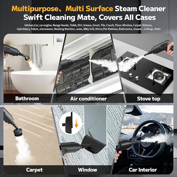 Pressurized Steam Cleaner, 54oz Large Tank, Portable Steamer for Cleaning with 15-Piece Kit, 15s Fast Heat-Up, 3-Level Control, Handheld Steam Cleaner for Home, Car, Kitchen, Tile, Grout(black)