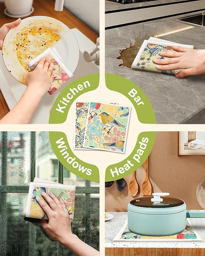 Swedish Dishcloths for Kitchen - 5 Pack Reusable Dish Cloths for Washing Dishes Absorbent Cute Funny Kitchen Towels Cleaning Sponge, Flower Bird