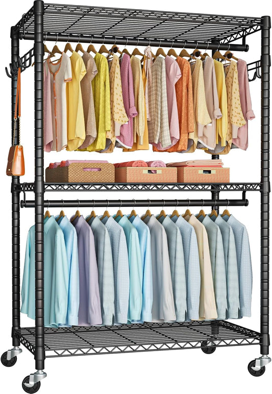 FUTASSI P1 Plus Rolling Clothes Rack, 22mm Diameter Heavy Duty Garment Rack with Wheels, Portable Closet Wardrobe with Double Rods, 45" W x 17.7" D x 80.5" H, Max Load 524 LBS, Black