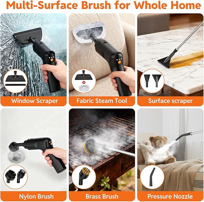 Steam Cleaner for Home & Car, 15s Fast Heat Handheld Steamer for Cleaning, 1.6L Large Tank, 3-Level Steam Control with 16-Piece Accessories Kit for Floors, Couches, Tiles, Grout, Dirt, and Grease