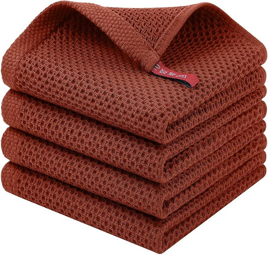 Homaxy 100% Cotton Waffle Weave Kitchen Dish Cloths, 4-Pack Ultra Soft Absorbent Dish Towels, Quick Drying Dish Rags, 12 x 12 Inches, Rust