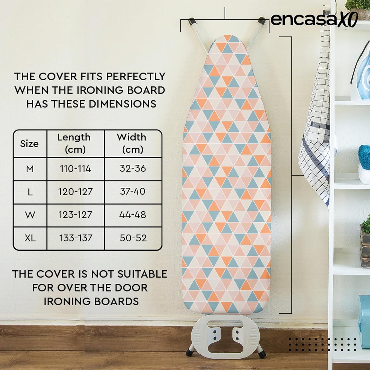 Encasa XO Ironing Board Cover and Pad - Thick 4mm Felt, Heat & Scorch-Resistant, Fits Medium Boards 42"x14", Elastic Bungee Cord Tightening, Easy Fit, Stain-Safe Dye, Terrazzo Mint