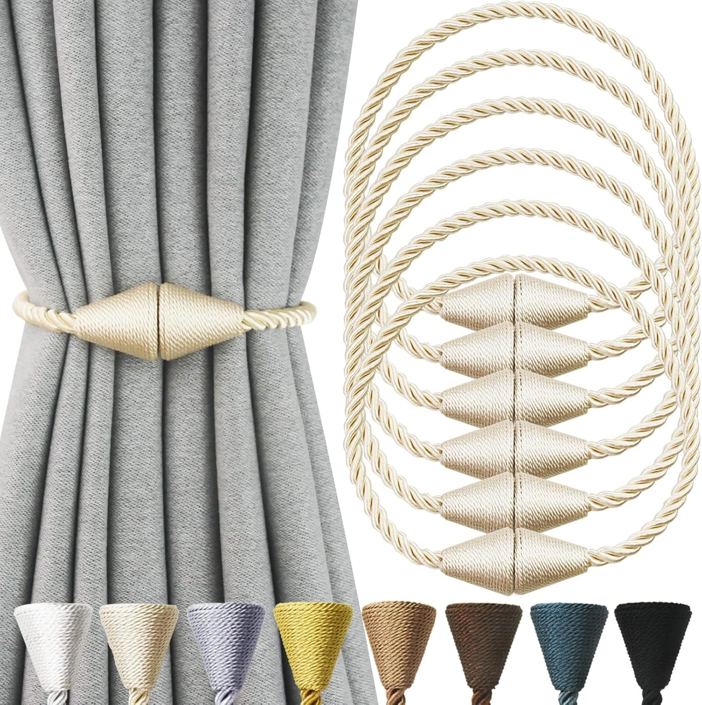 6 Pack Magnetic Curtain Tiebacks Rope Modern Handmade Curtain Tie Backs Decorative Drapes Weave Holdbacks for Window Décor, Beige