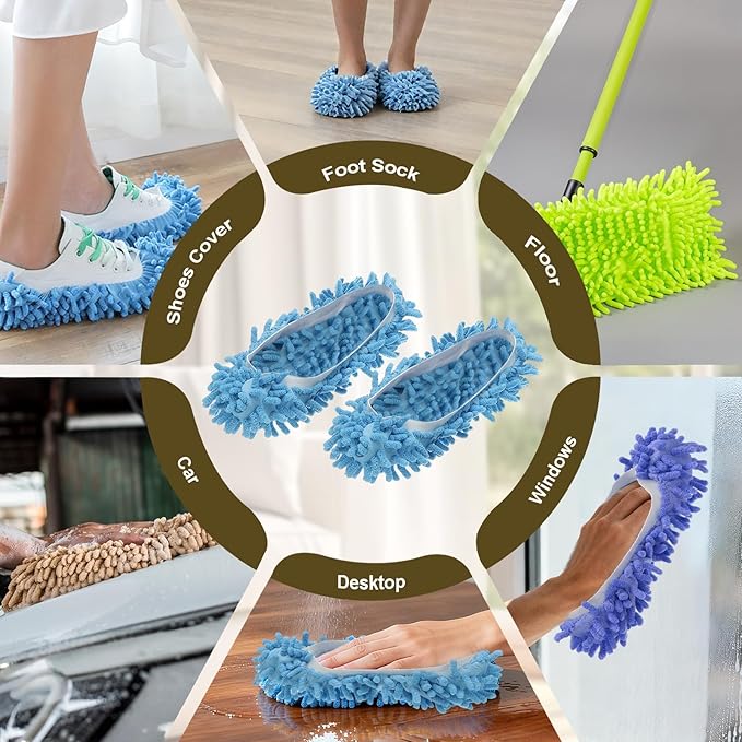 uxcell 4 Pcs Mop Slippers, Mop Socks Microfiber Shoe Covers Washable Mopping Slippers for Floor Cleaning Office Home Use Women Men, White Trim, Green