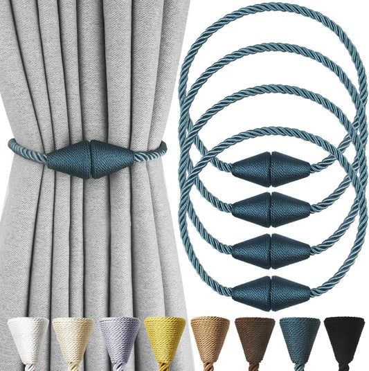 4 Pack Magnetic Curtain Tiebacks Rope Modern Handmade Curtain Tie Backs Decorative Drapes Weave Holdbacks for Window Décor, Blue