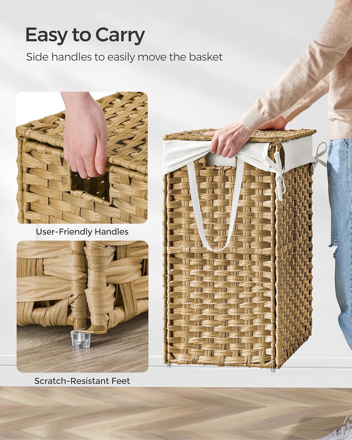 SONGMICS Laundry Hamper with Lid, 23.8 Gallon (90 L) Synthetic Rattan Clothes Laundry Basket with Lid and Handles, Foldable, Removable Liner, Goose Yellow ULCB51NL