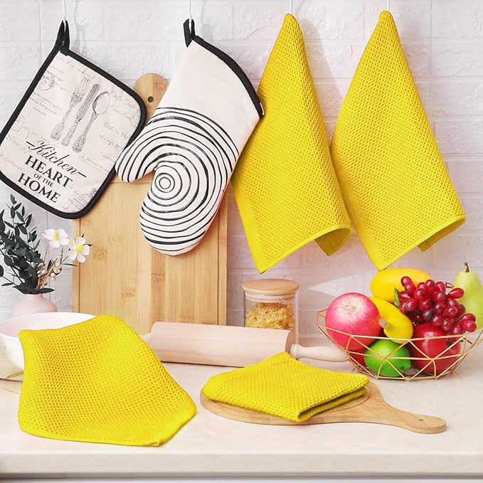 Homaxy 100% Cotton Waffle Weave Kitchen Dish Cloths, Ultra Soft Absorbent Quick Drying Dish Towels, 12 x 12 Inches, 12-Pack, Yellow
