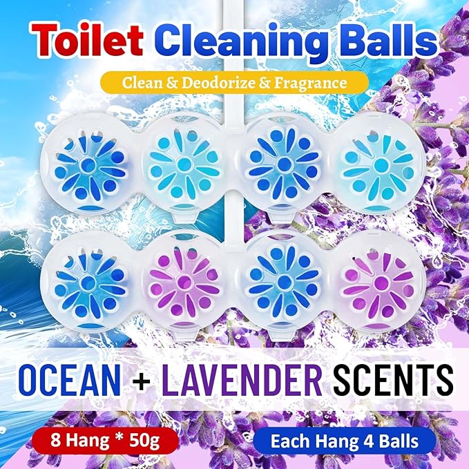 STRN Toilet Bowl Cleaners Rim Hanger, Toilet Bowl Cleaning Balls, Ocean & Lavender Scents, Toilet Bowl Freshener, 8 Packs(32 balls)