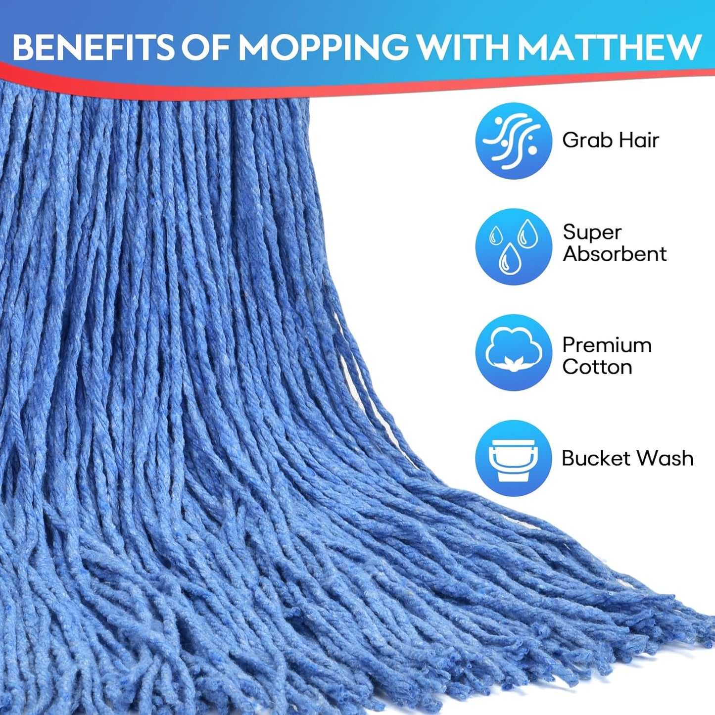 Matthew Cleaning 20oz 3Pack Cotton Floor Mop,Cotton Looped-Open String Heavy Duty String Refills, Universal Headband Blend Material,Mop Head Replacement for Home, Industrial and Commercial Use(Blue)
