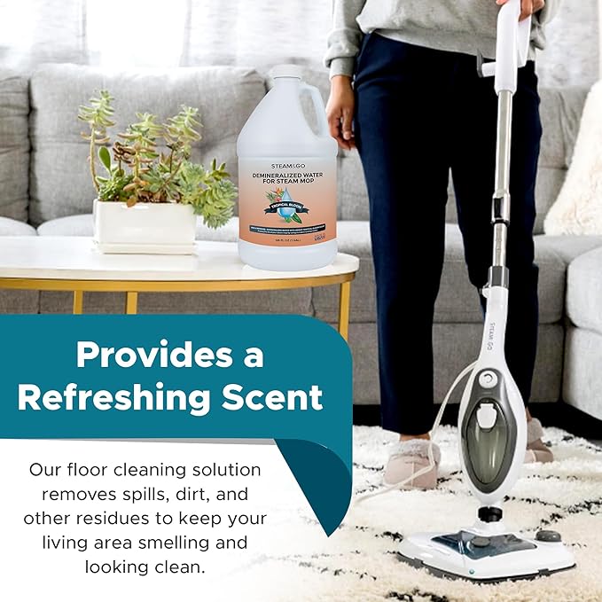 Steam & Go Demineralized Water for Steam Cleaner - PVC-Free Floor Cleaning Solution Compatible for All Steam Mops - Multi-Surface Cleaner for Home Surfaces - Tropical Bloom Scent, 128 Fl oz