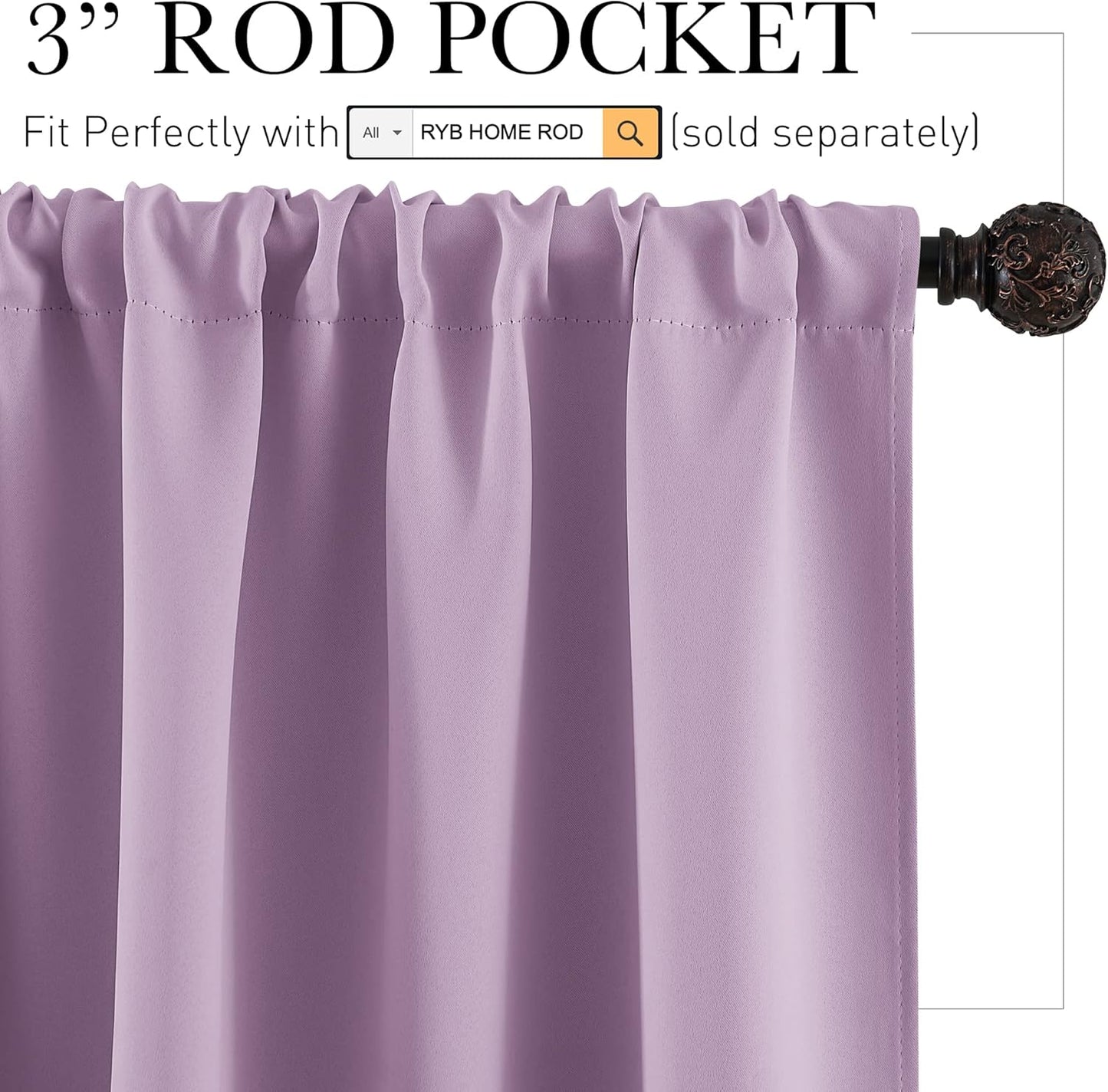RYB HOME 70 inch Wide Curtains Blackout, Solid Durable Room Darkening Drapes for Bedroom Thermal Insulated Window Drapes for Living Room, W70 x L84 inch, 2 Panels, Lilac