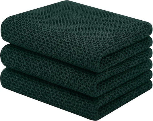 Homaxy 100% Cotton Waffle Weave Kitchen Towels, 3-Pack Ultra Soft Absorbent Dish Towels, Quick Drying Cleaning Towels, 13 x 28 Inches, Blackish Green