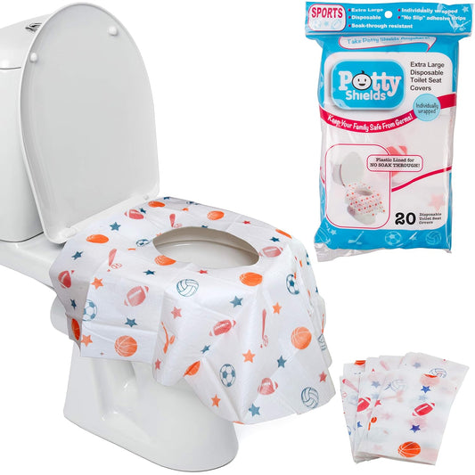 Toilet Seat Covers Disposable (20 Pack, Sports) - XL Waterproof Toilet Cover for Toddlers, Kids & Adults - Portable & Individually Wrapped for Travel, Potty Training & Public Restrooms